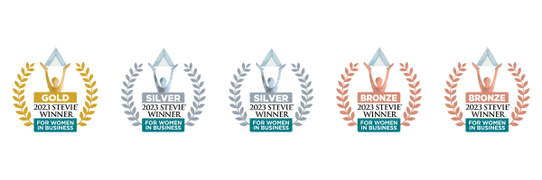Award Badges for Mach 1's five wins at the 20th Annual Stevie Awards for Women in Business. One gold badge, two silve badges, two bronze badges.