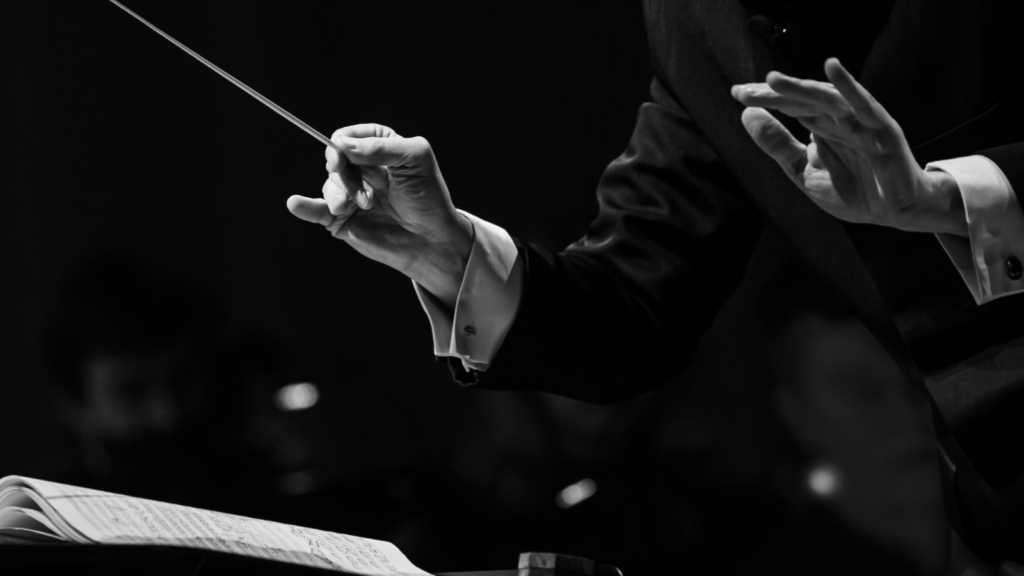 a conductor instructs an orchestra